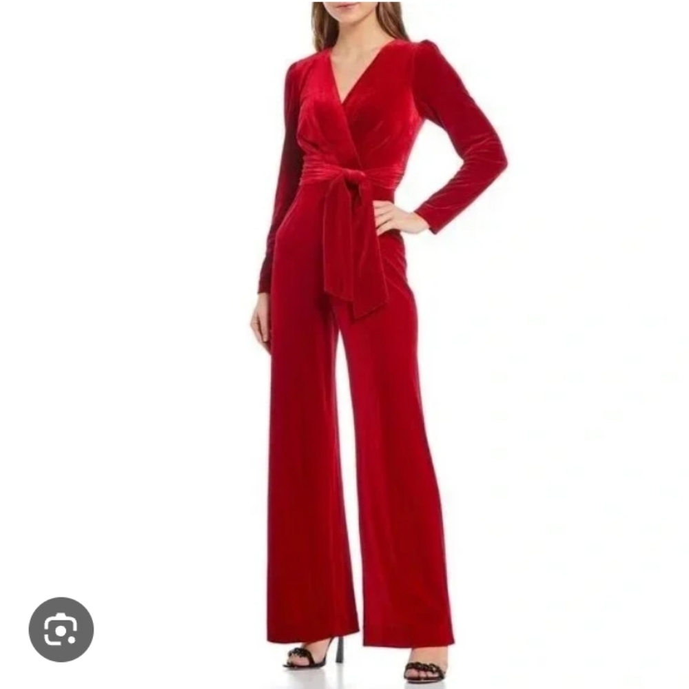 Antonio Melani Women's Crimson Red Velvet Long Sleeve Miranda Jumpsuit